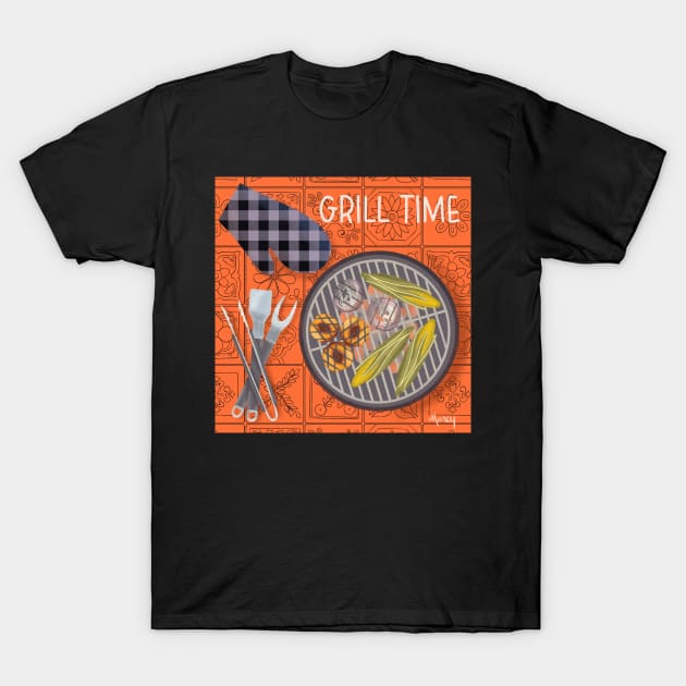 Grill Time on Orange Background T-Shirt by MarcyBrennanArt